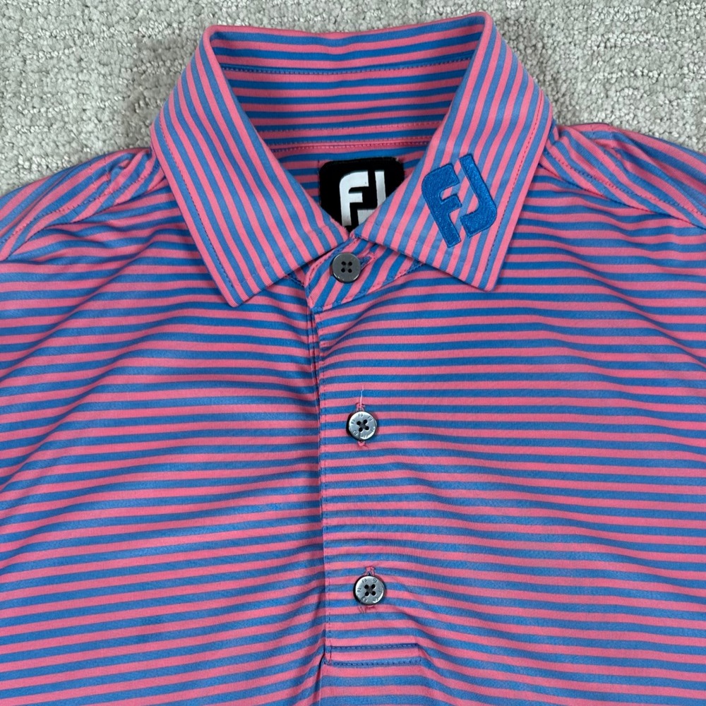 FootJoy Mens Small FJ Collar Pink Blue Striped Performance Golf Polo Shirt *Read
